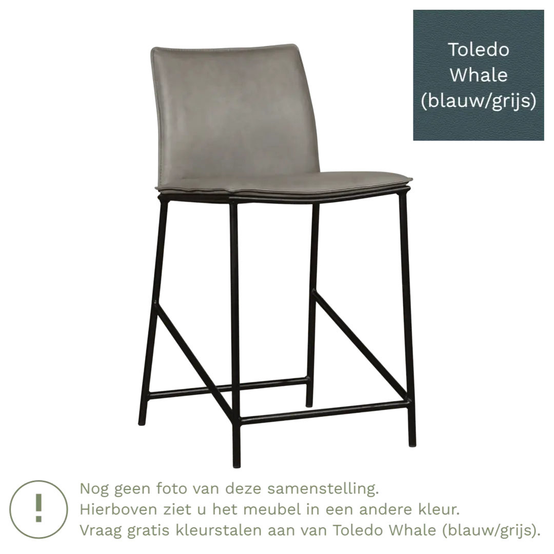 afbeelding van Leren barkruk laag Favor - Toledo Whale (blauw/grijs) - poten staal rond zwart